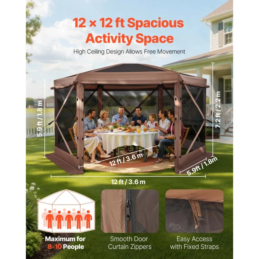 Pop up Gazebo Screen Tent 12 x 12 ft Large 6-Sided Camping Canopy Tent with Removable Top Carry Bag Quick-Set Bite-Proof Screen