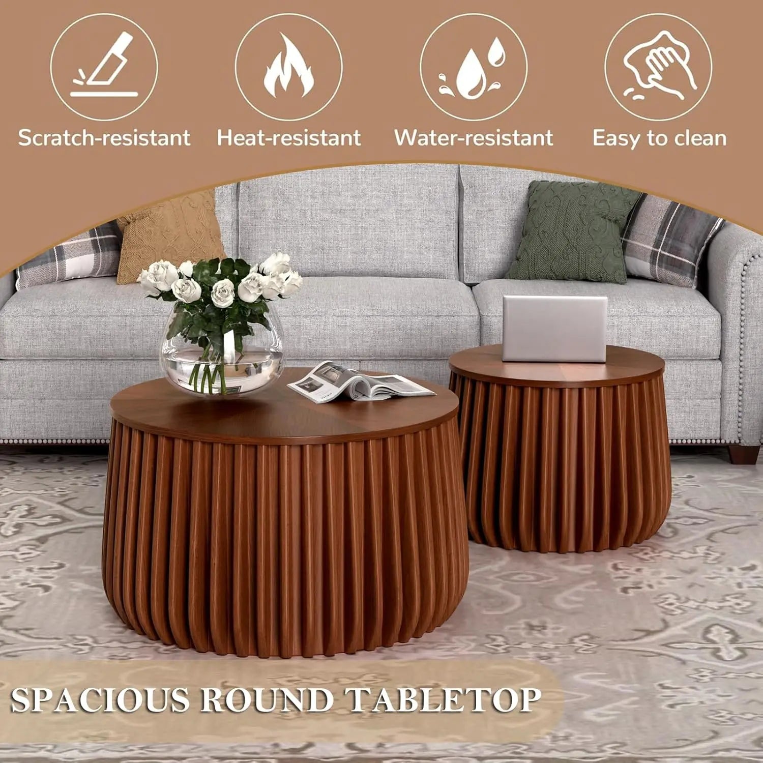 Round Storage Fluted Nesting Coffee Table Set of 2, Mid Century Modern Handcraft Circle Nested Coffee Table Set for, Customized