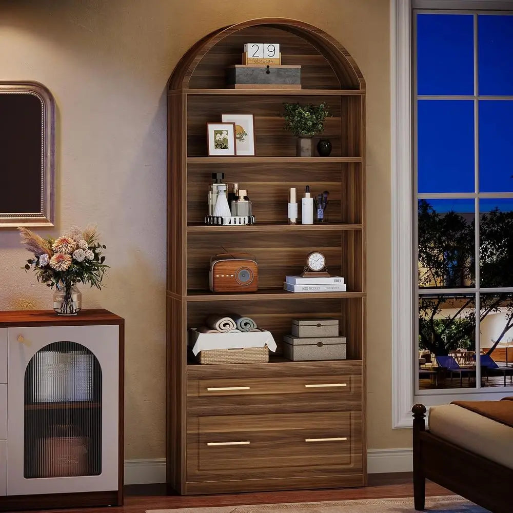 76.8 Walnut Brown 5-Tier Arched Bookcase with Cabinet, Large Standing Wooden Shelves for Home Office, Living Room Display Storag