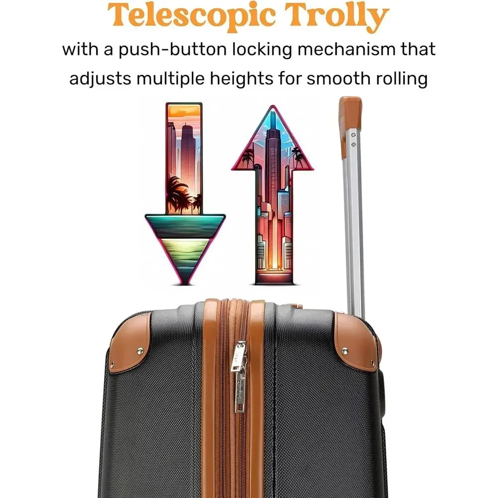 3-Piece Expandable Retro Luggage Set with Lightweight PC-ABS Shell and Double Spinner Wheels in Black