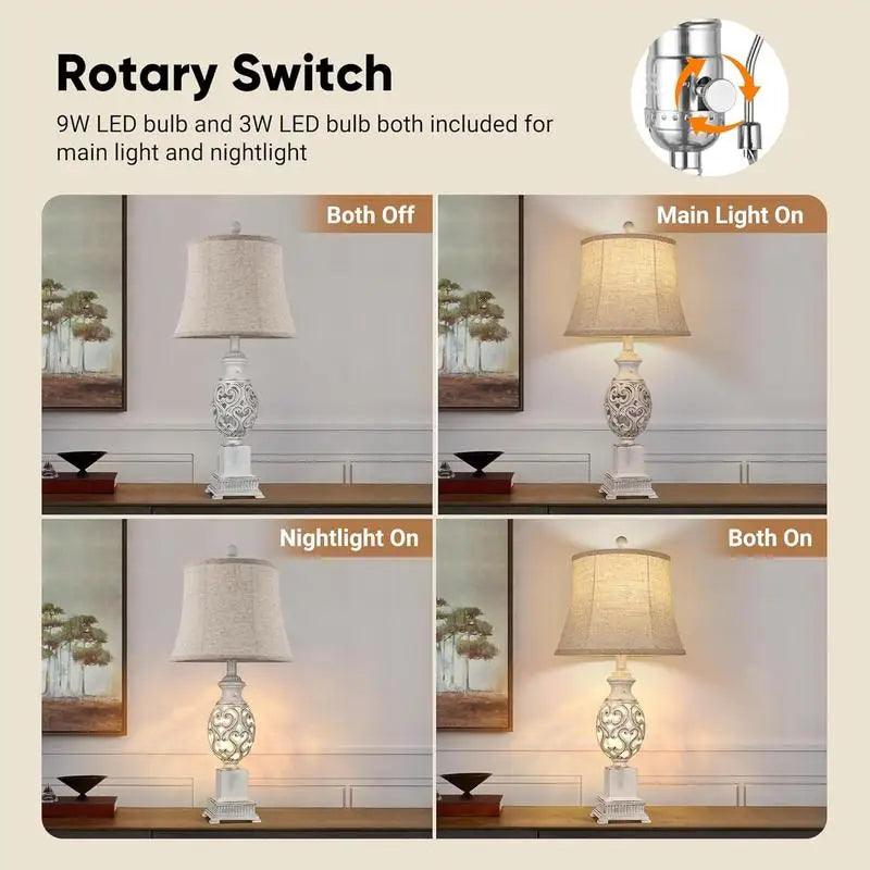 Set of 2 Table Lamps, 28" Tall Bedside Lamps with Nightlight, Rustic Farmhouse Nightstand Lamps with Linen Shades for Living