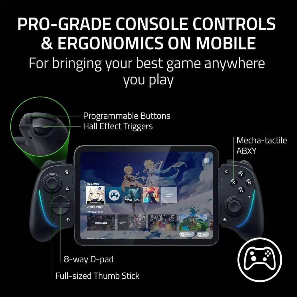 Ultra Gaming Controller for Android, iPe Series, iPad Mini Pro: Ergonomic Grip, Stream PC & PS5 Games, Mobile Gaming with RGB Li