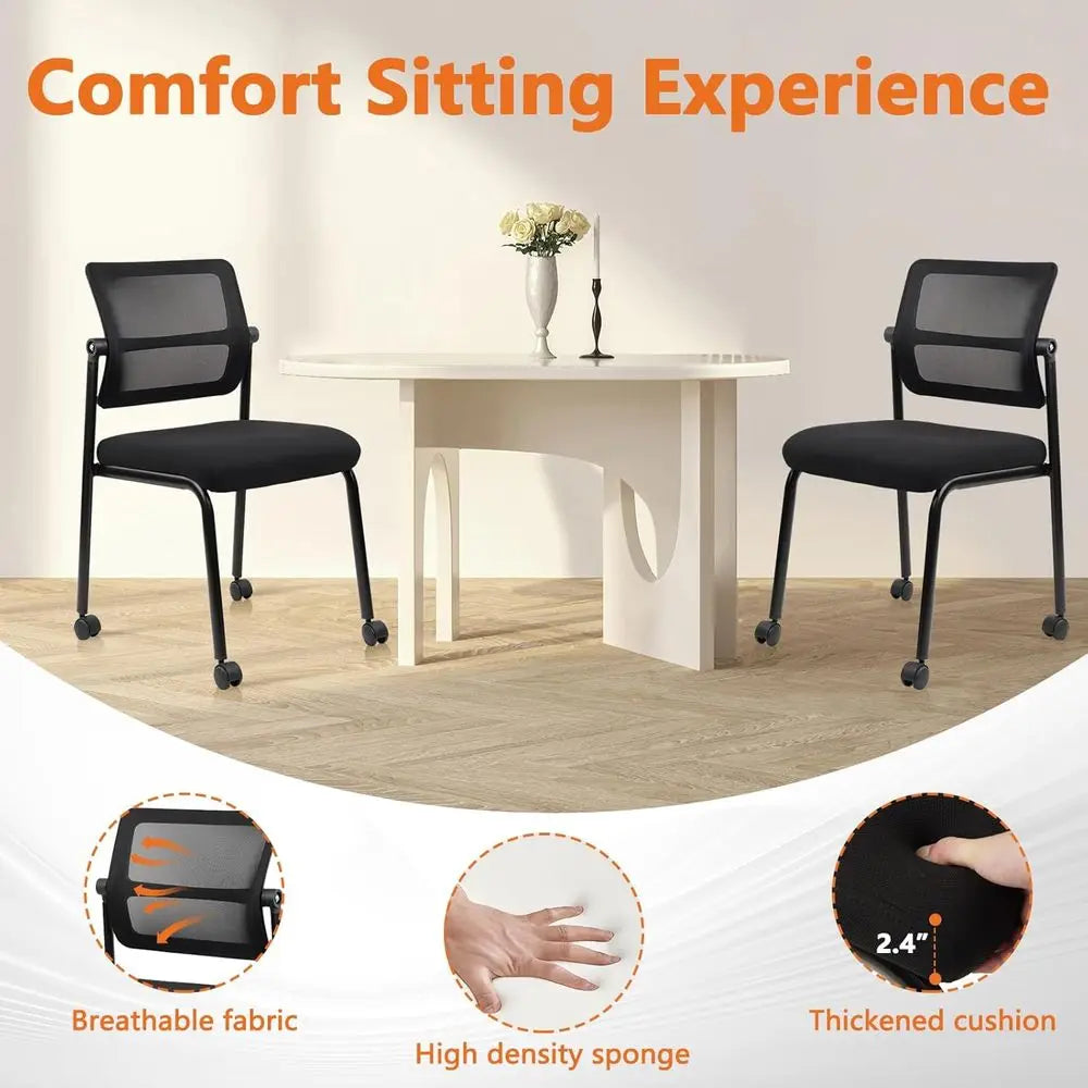 Adjustable Mesh Backrest Stacking Office Chair with Wheels, Ergonomic Lumbar Support, Leather Seat Cushion for Conference, Lobby