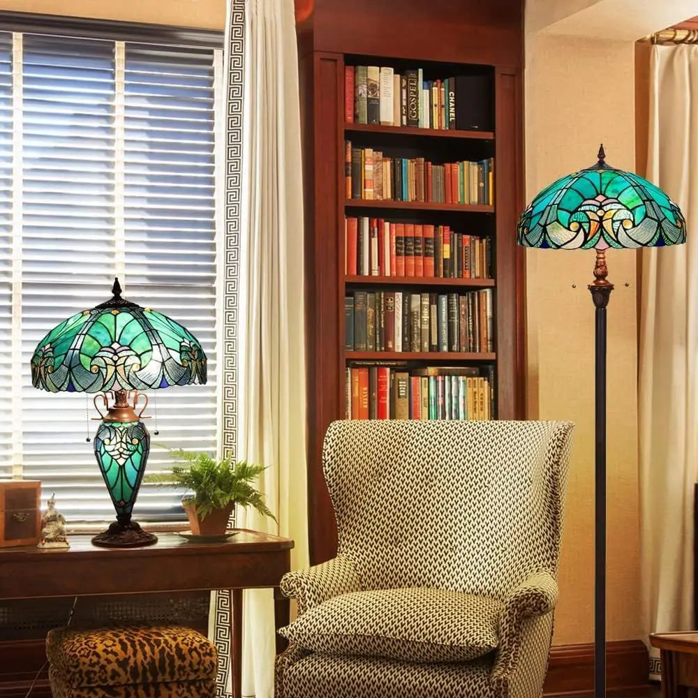 16 Inch Large Stained Glass Desk Lamp with Night Light, Victorian Sea Green Antique Style, 3-Light Living Room/Bedroom/Office Fi