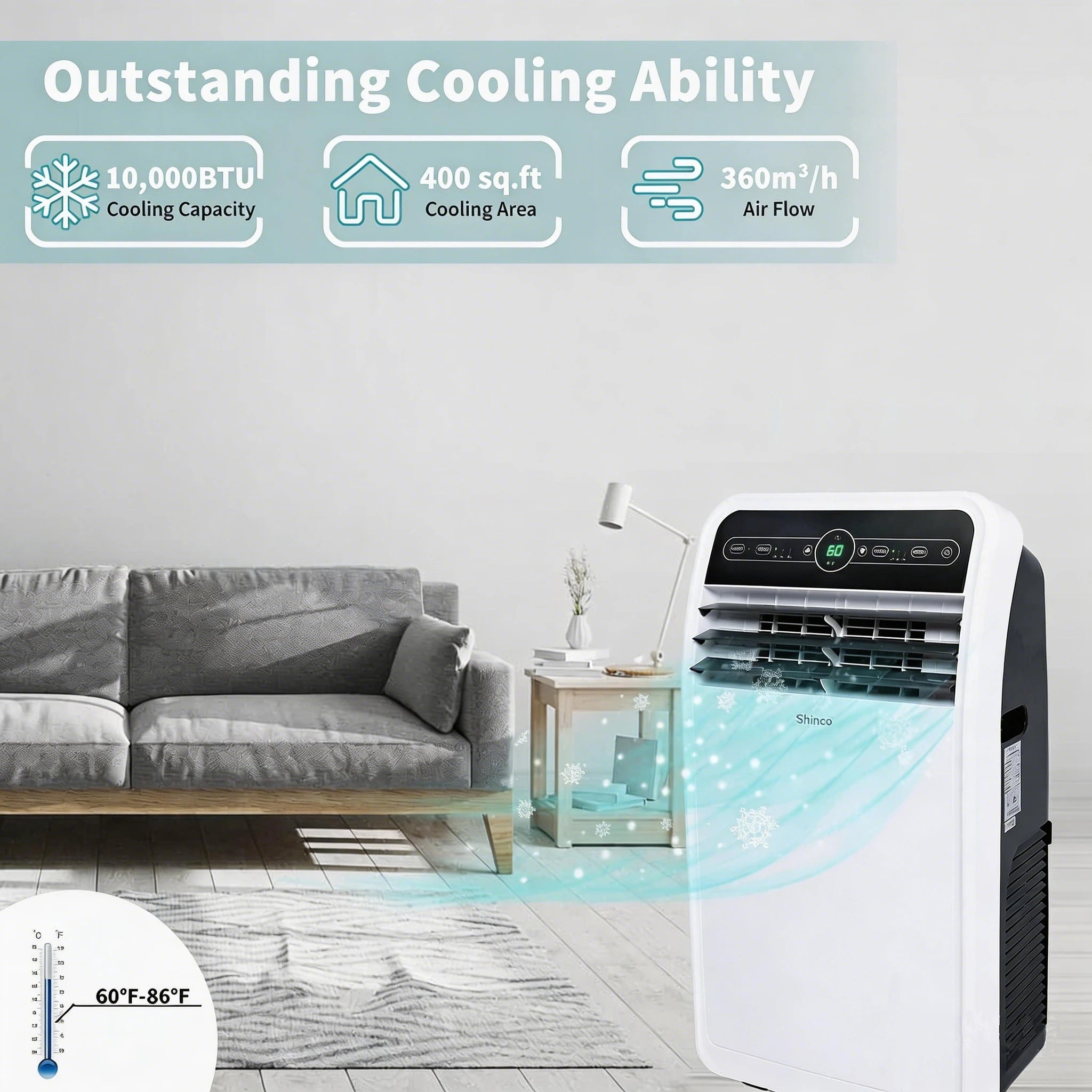 Shinco 10,000 BTU Portable Air Conditioner, Portable AC Unit with Built-in Cool, Wi-Fi Enabled for Room up to 400 sq.