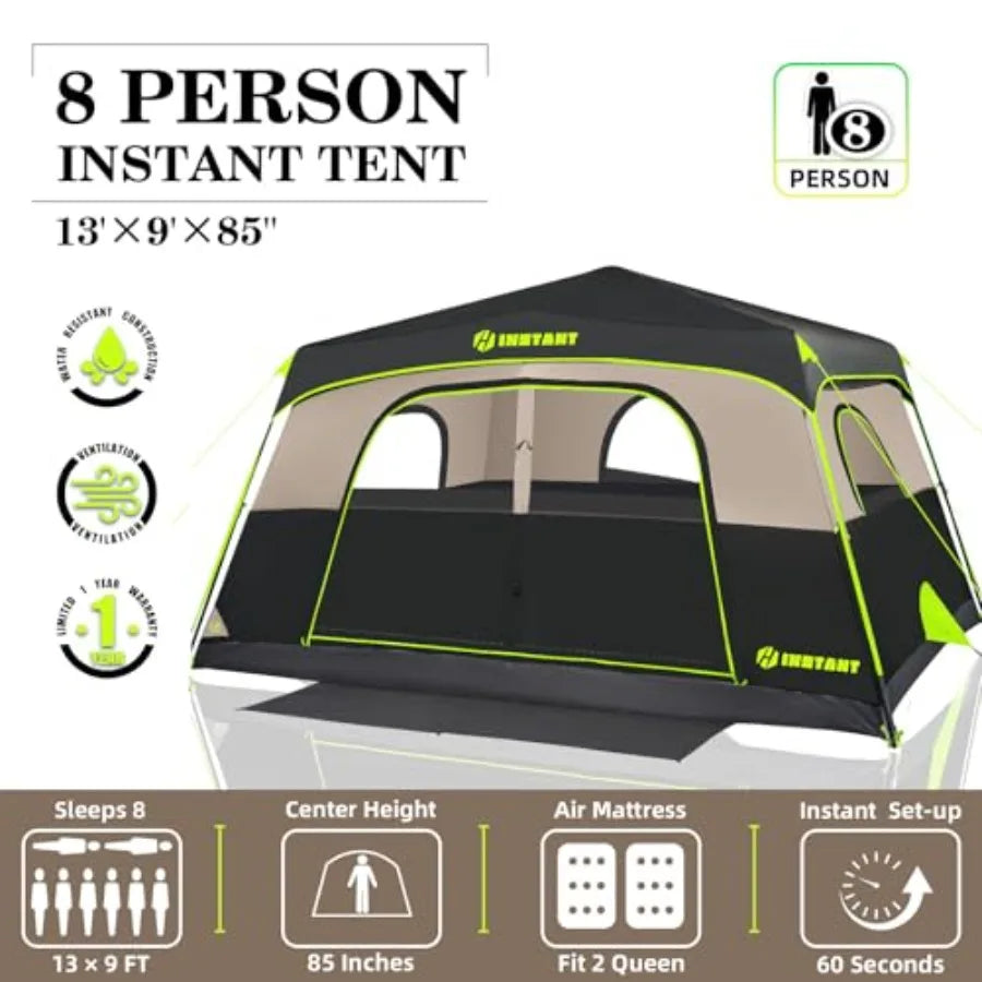 8 Person Instant Tent, Waterproof Pop Up Tents for Camping with Rainfly, 60 Seconds Easy Setup, Automatic Cabin Tent for Family