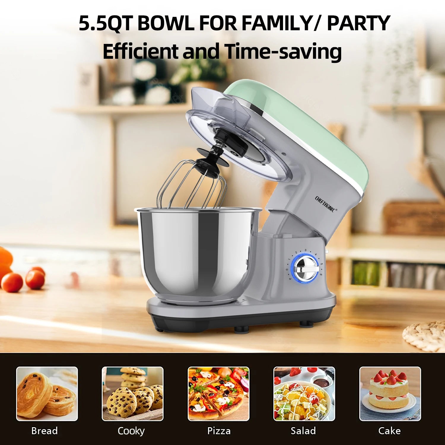 1pc CHEFTRONIC Stand Mixer, 5.5QT Tilt-Head Electric Household food processors - 500W 6+P Speed, home appliance, US Plug