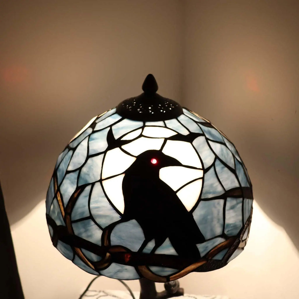 Raven Moon Night Stained Glass Table Lamp for Home Decor, Dark Blue, 12Wx20H