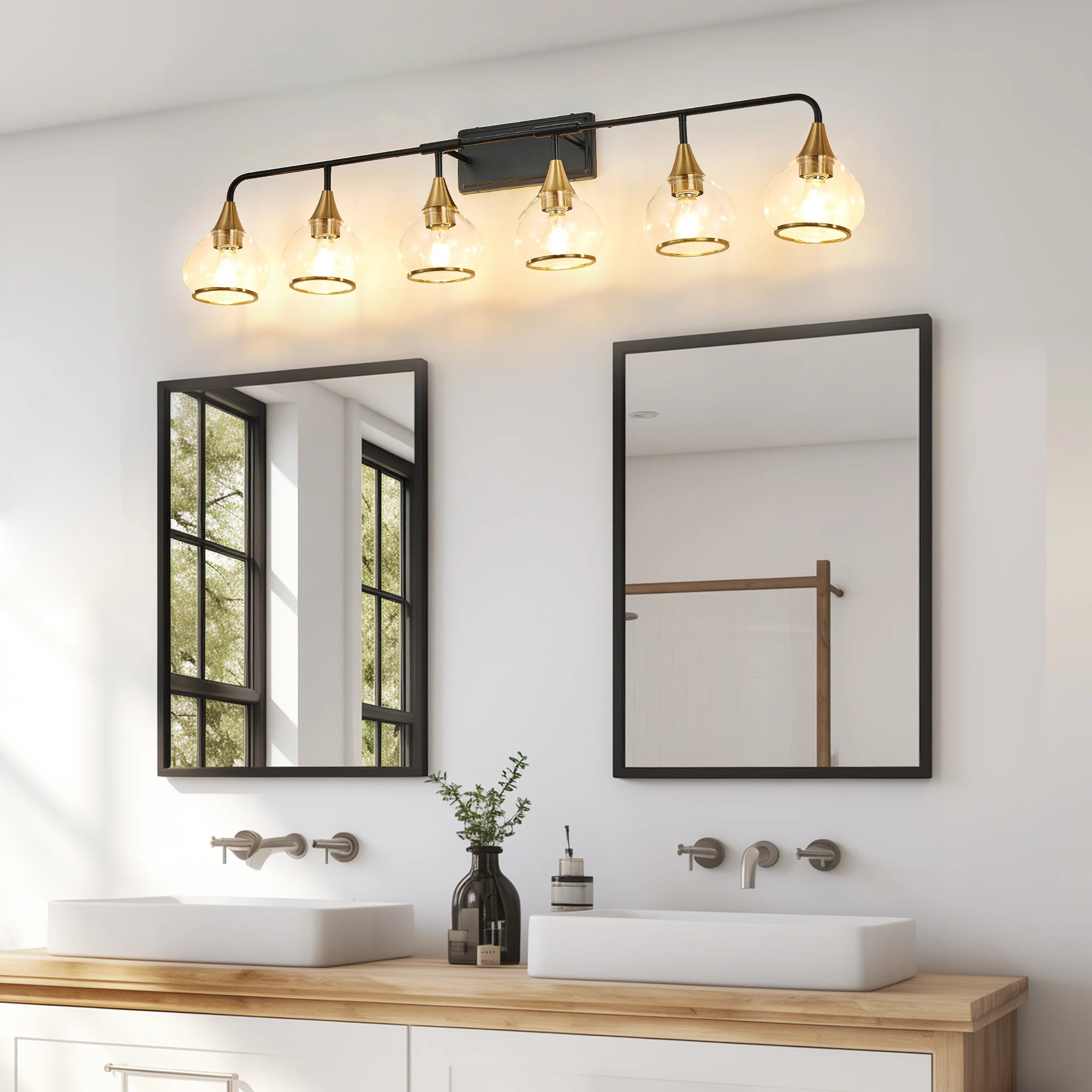 40" Modern 5-Light Vanity Wall Sconce Black and Gold Bathroom Light Fixture with Clear Glass Shades,Wall Mounted Lamp(No Bulb)