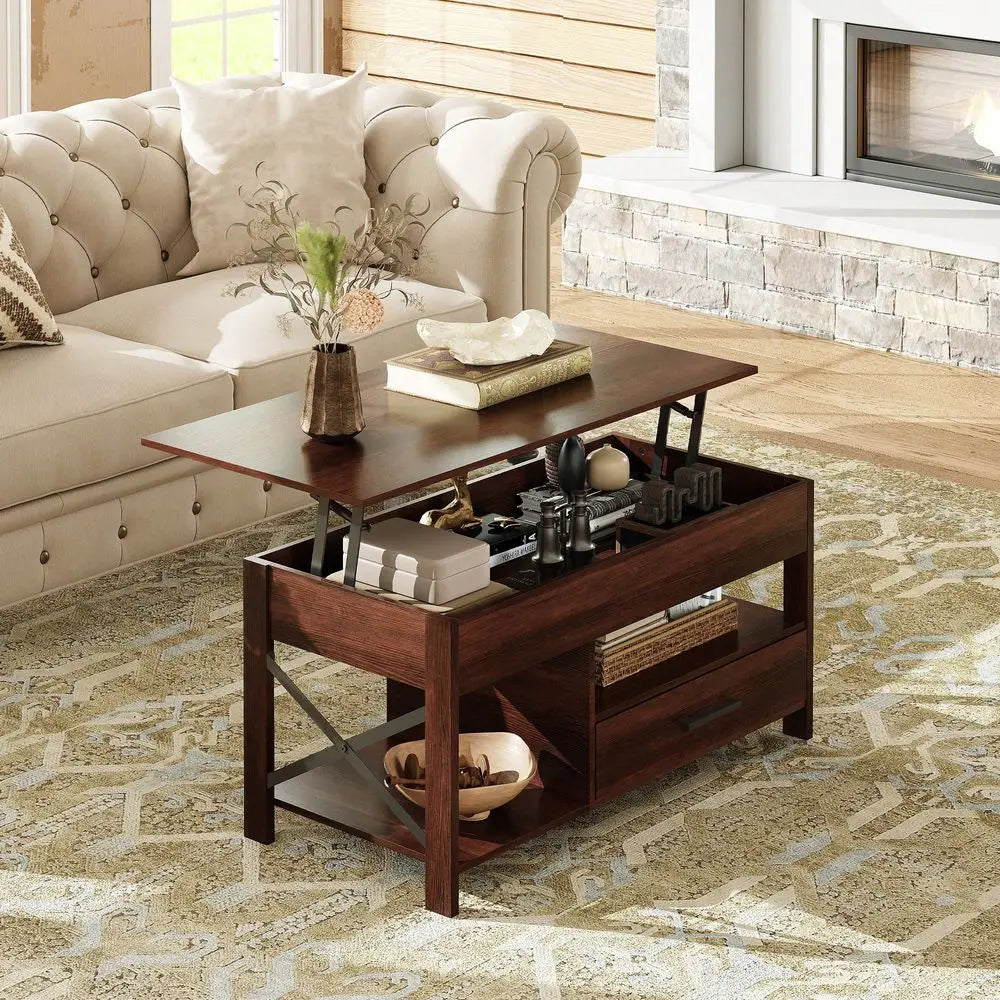 Table, 39 Lift Top Coffee Table With Hidden Compartment, Storage Drawers And Storage Shelf For Living Room, Reception Room, Esp