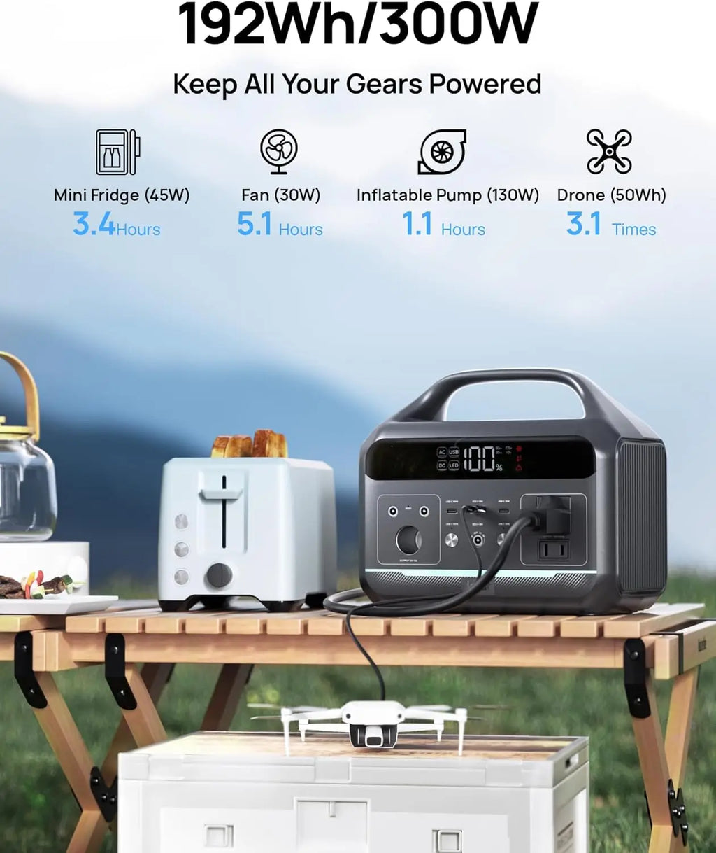 Portable Power Station 300W with LiFePO4 Battery, 192Wh Large Power Bank, 8-Ports Solar Generator Fast Charging for Camping,