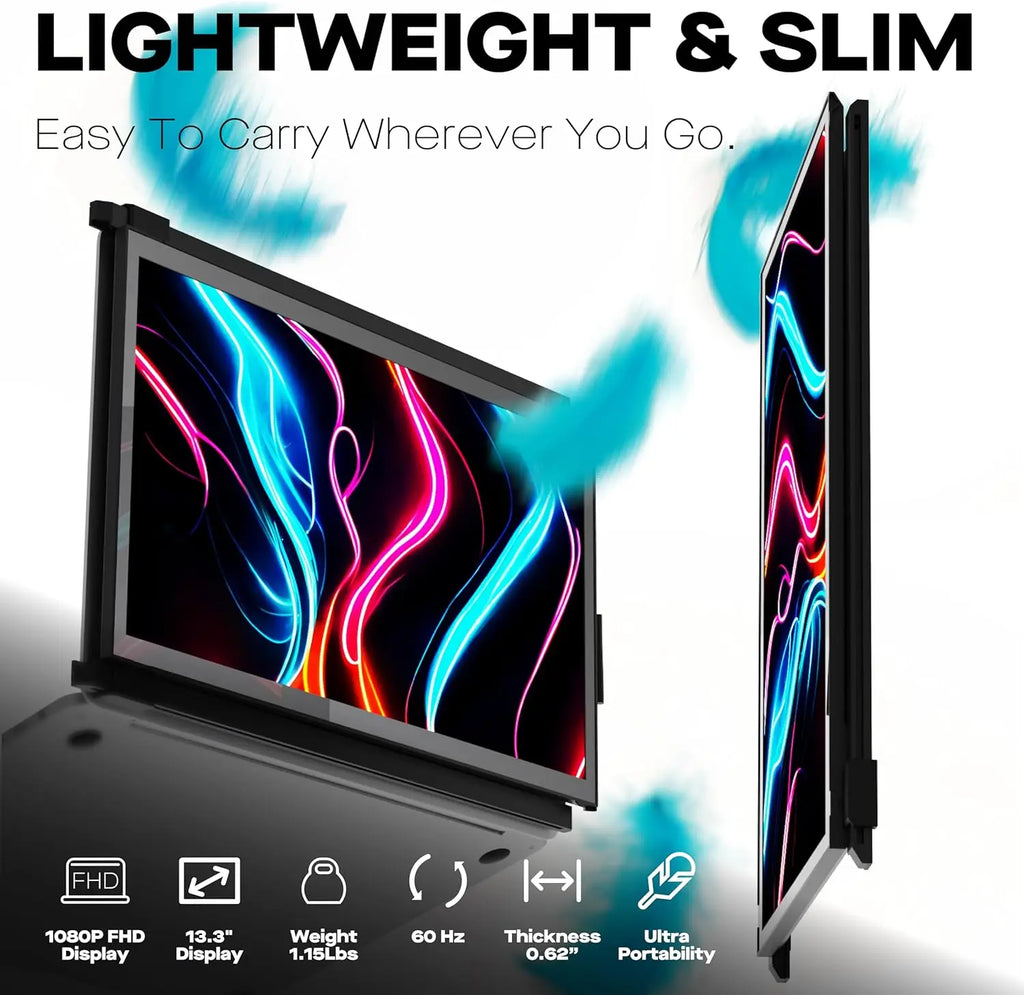 13.3" FHD 1080P Portable Monitor, USB-C/HDMI Plug & Play Laptop Screen Extender, Compatible with Windows/Mac, Ultra-Slim & Lightweight