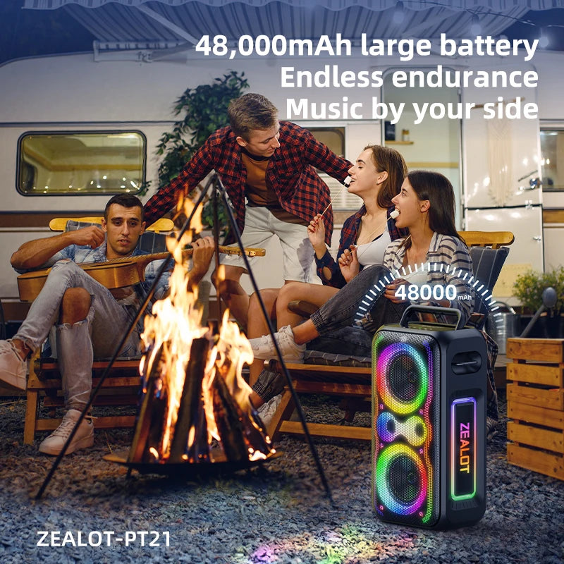 200W ZEALOT-PT21 Super Bass Party Speaker: 48000mAh Long Battery, Multi-Device Support, RGB Glow – Great for Living Room Movie