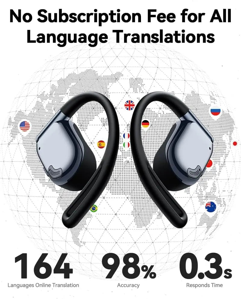AI Translator Earbuds Real-Time 164 Languages Bluetooth LED Display for Travel Business Learning Black