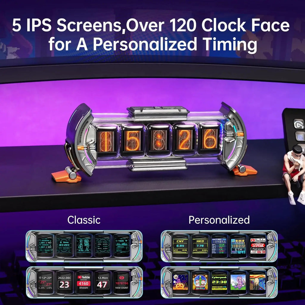 Cyberpunk Gaming Digital Alarm Clock, WiFi Smart Display, RGB LED Pixel Art for Desk Decor