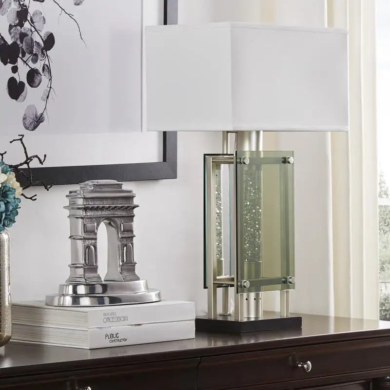 Modern Silver Finish Table Lamp for Nightstand, Water Dancing Light Home Decor, Luxury Nightlight for End Table or Sofa