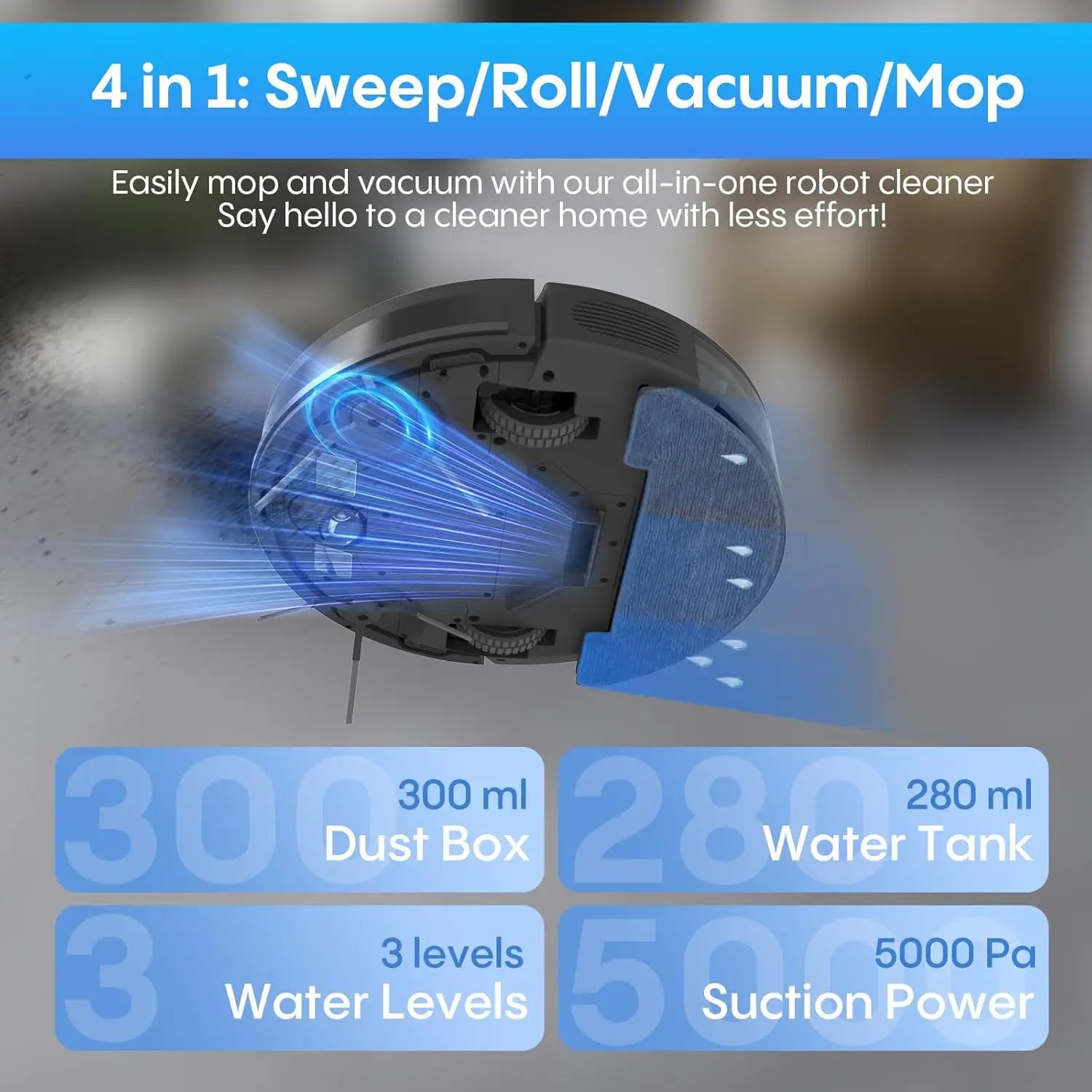 Robot Vacuum and Mop with 5000Pa Suction, Wi-Fi/App Control, Ultra Slim Design for Pet Hair and Hard Floors