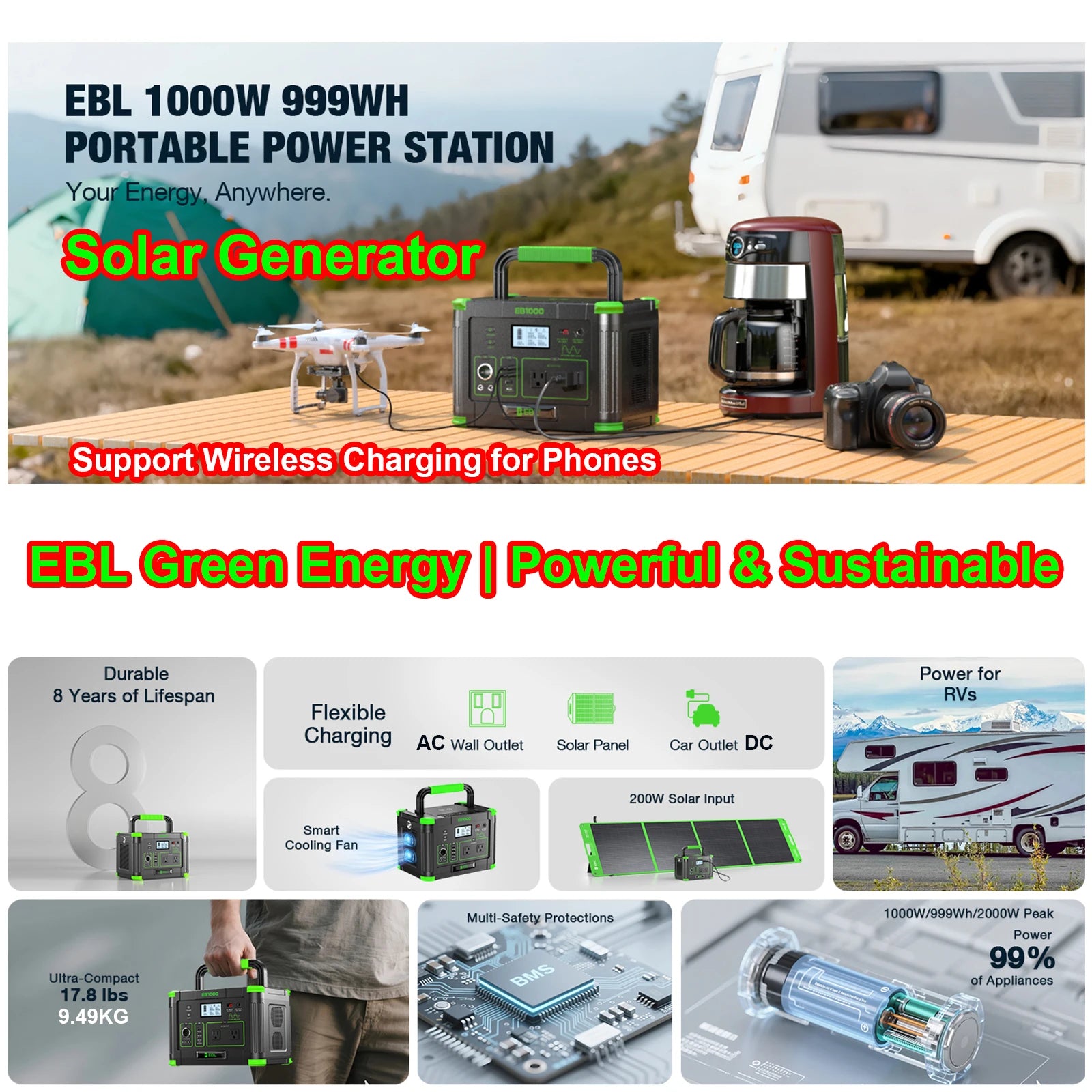 EBL Portable Solar Generator 999W Power Station Wireless Charging 110V PD 60W Fast Charge Battery, AC,  Vehicle DC, Solar Charge