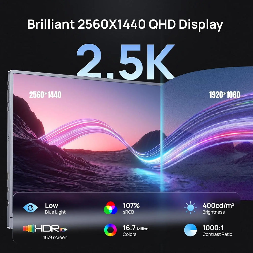 16.1" 180Hz 2.5K QHD Portable Monitor, 2560x1440, 107% sRGB, HDR, Ultra Slim, External Screen for Laptop, PC, PS5, Mac, Xbox