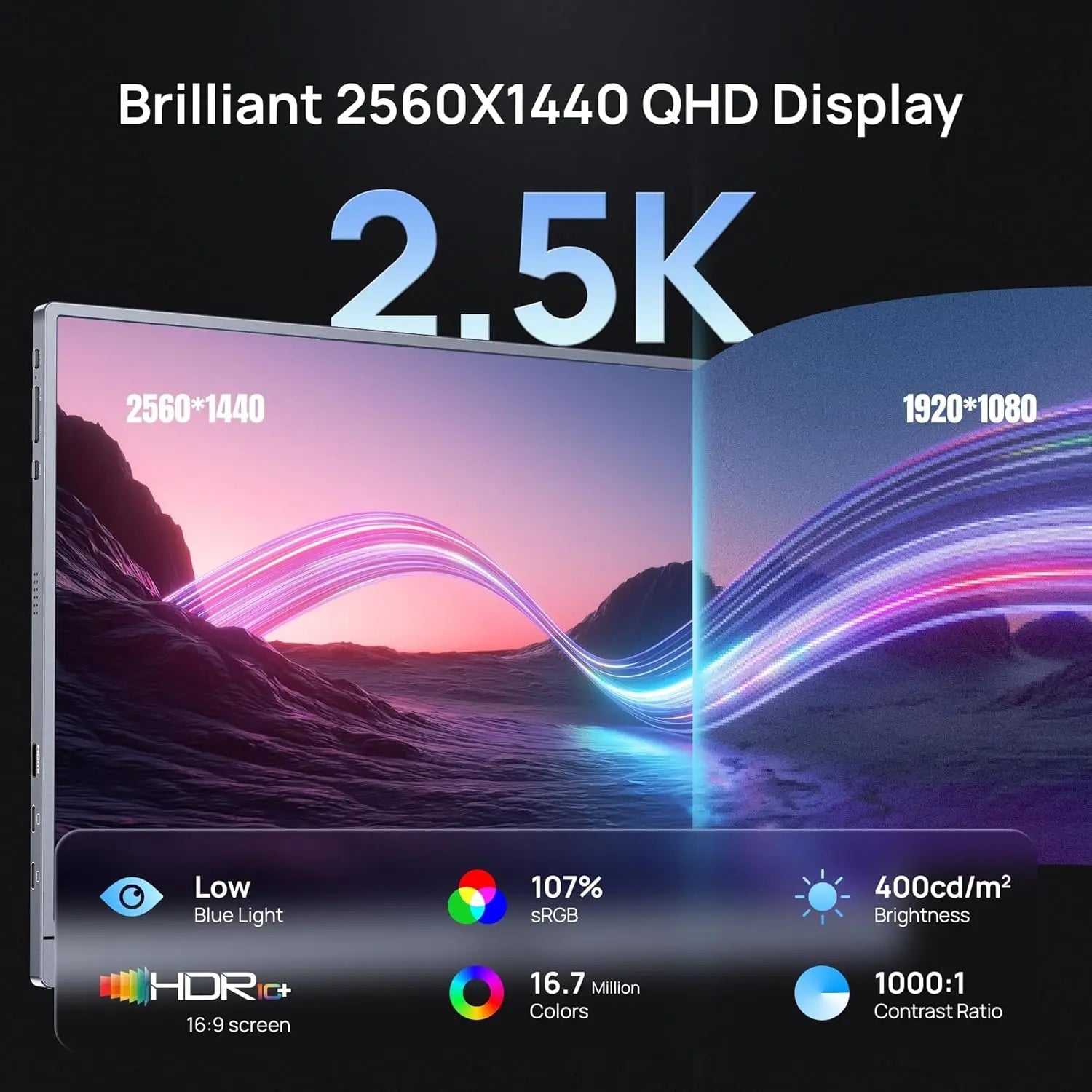 16.1" 180Hz 2.5K QHD Portable Monitor, 2560x1440, 107% sRGB, HDR, Ultra Slim, External Screen for Laptop, PC, PS5, Mac, Xbox