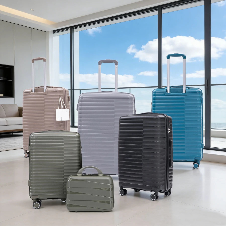 Carry on suitcase set for travel: PP spinner wheel luggage in black, 14/20/24/28, iron pull rod, combination password lock, inc