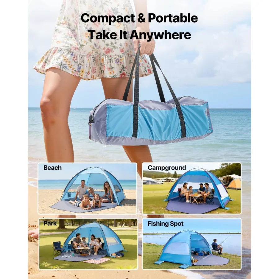Beach Tent Sun Shelter for 4 Person UPF 50+ Protection Portable Sun Shade Canopy with Carrying Bag Sand Pockets Lightweight and