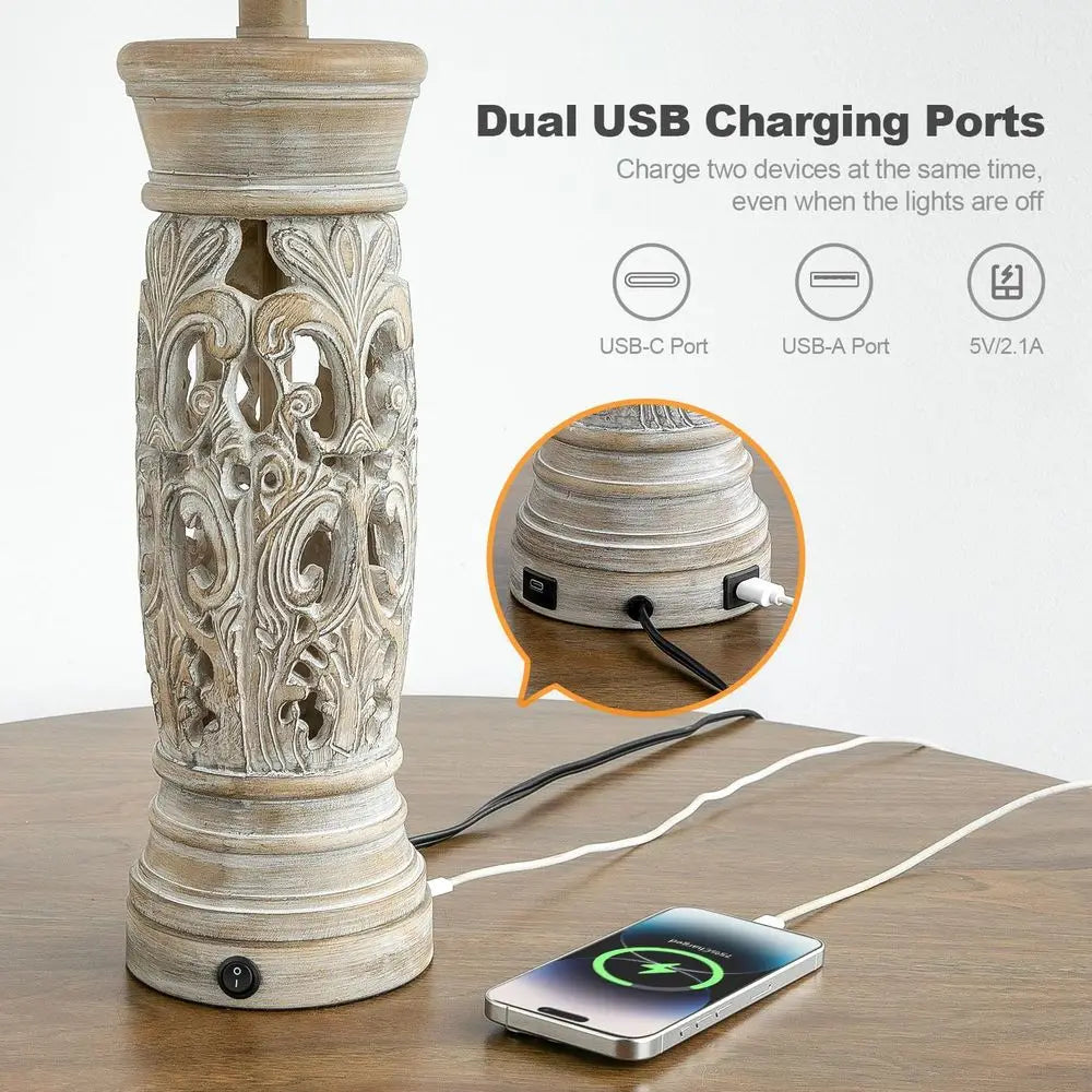Set of 2 Rustic Vintage Table Lamps with Night Light & USB Ports, Suitable for Bedroom, Living Room, Entryway