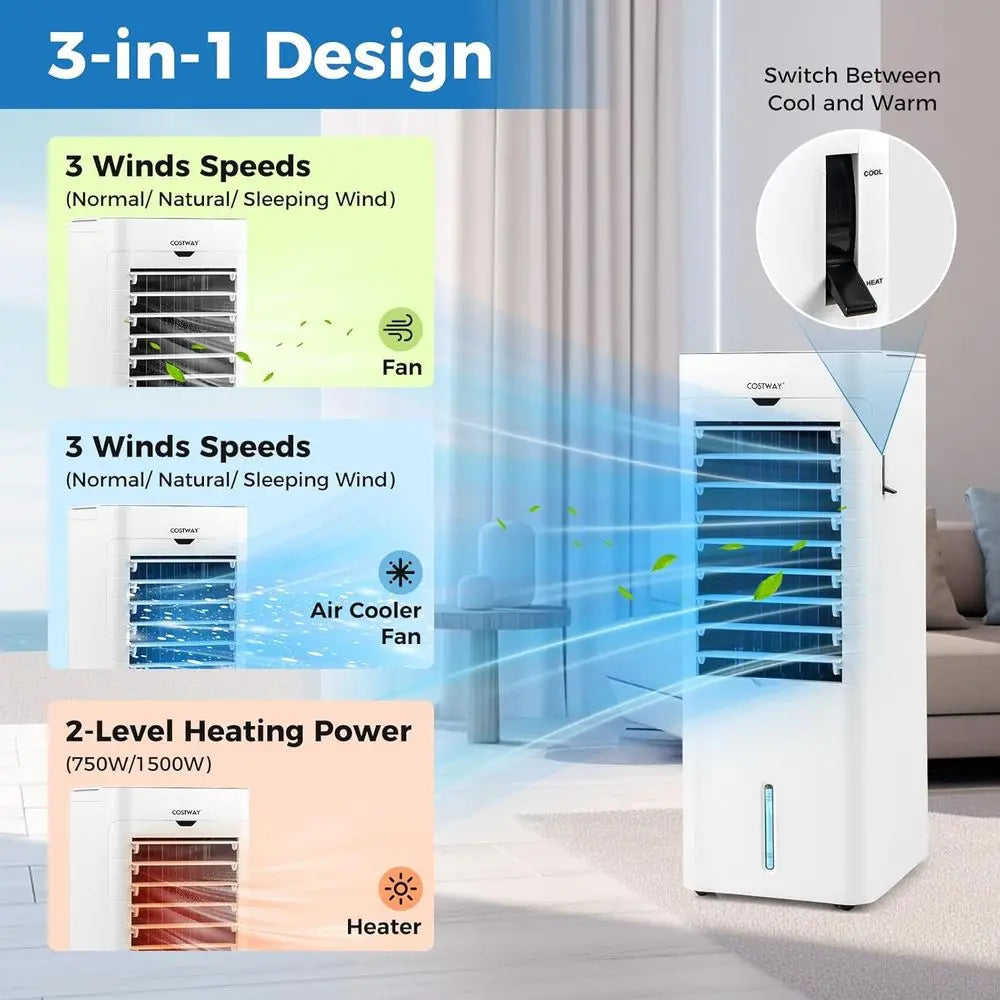 3-in-1 Portable Air Cooler, Heater, and Fan with 3 Speeds, 12-Hour Timer, 5.4L Tank, Ideal for Home and Office