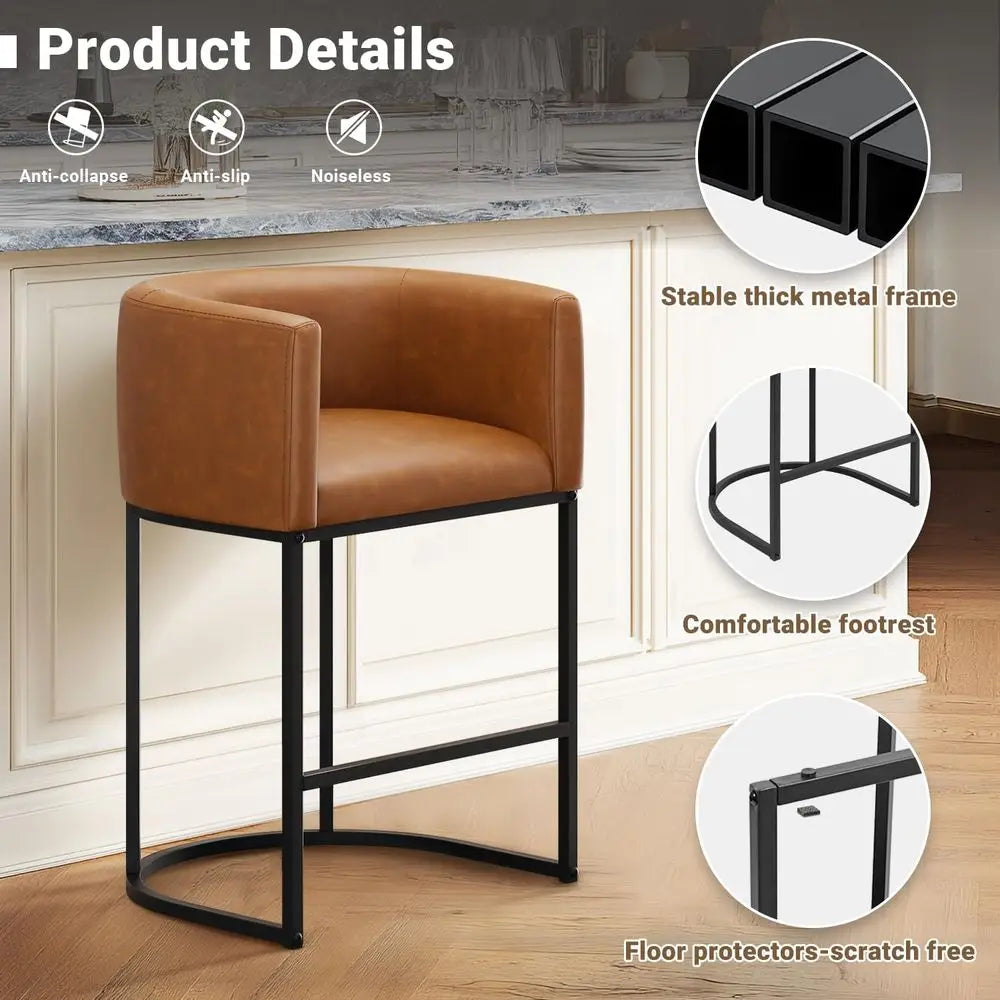 Set of 4 Counter Height Bar Stools with Backrest and Arms, Leather Upholstered, Walnut Brown