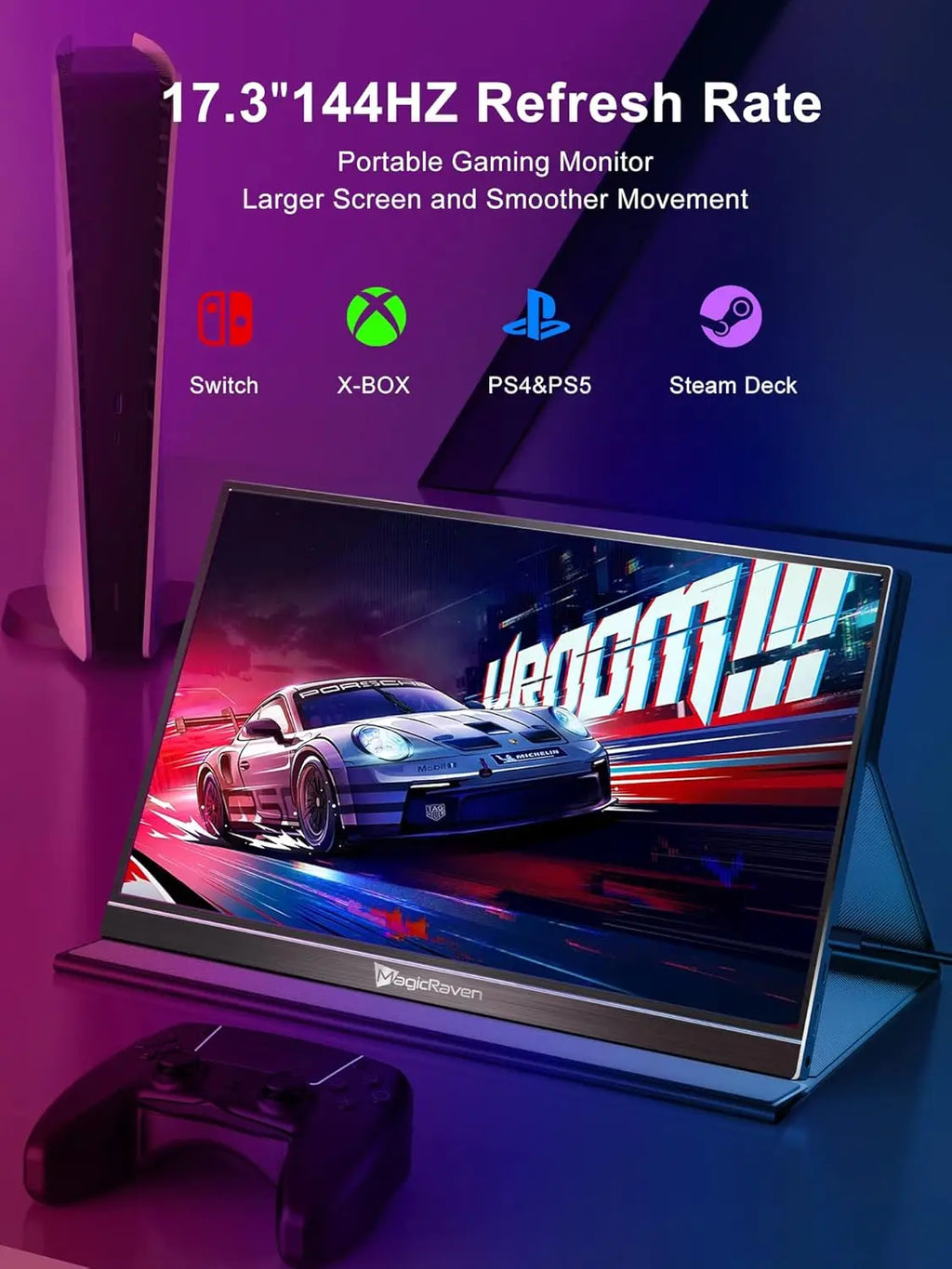 17.3" 1080P Portable Gaming Monitor, 144Hz USB-C HDMI Laptop Screen Extender with Speakers, for PS5/Xbox/Switch, Travel & Home Office