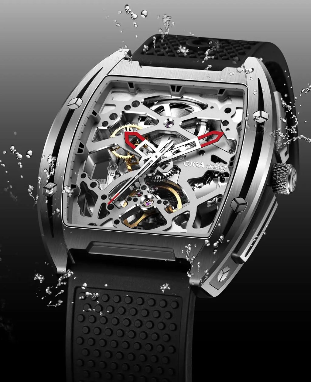Automatic Skeleton Watch with Silicone Strap, Stainless Steel Waterproof Dress Timepiece for Men and Women