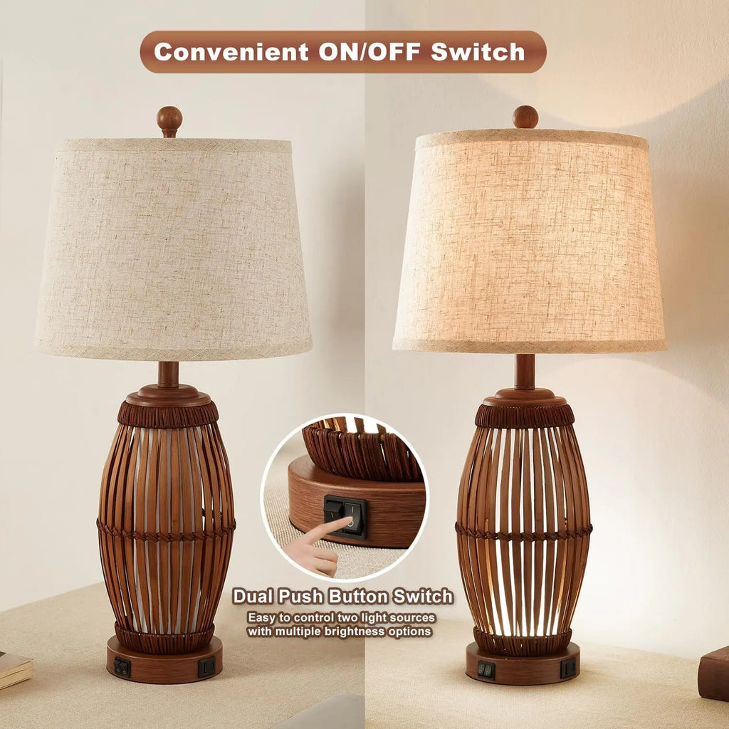 27" Vintage Bamboo Woven Table Lamps Set of 2 with Nightlight, USB A+C Ports and Bulbs Included for Bedroom Living Room