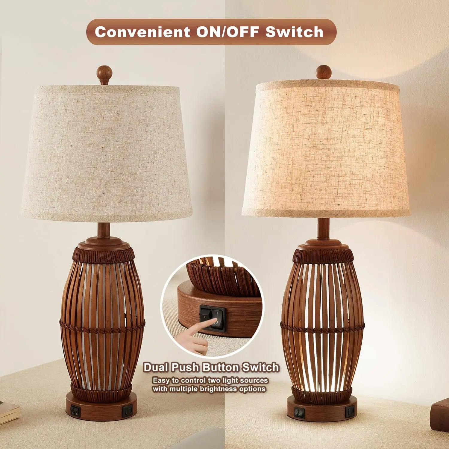 27" Vintage Bamboo Woven Table Lamps Set of 2 with Nightlight, USB A+C Ports and Bulbs Included for Bedroom Living Room