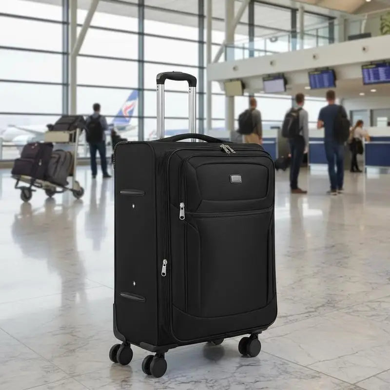Expandable Softshell Trolley 24-Inch For Business Travel Family Vacation Overseas Study, Medium Checked Suitcase Built-in TSA Lock Multi-directional Spinner Wheels Black Polyester Fabric