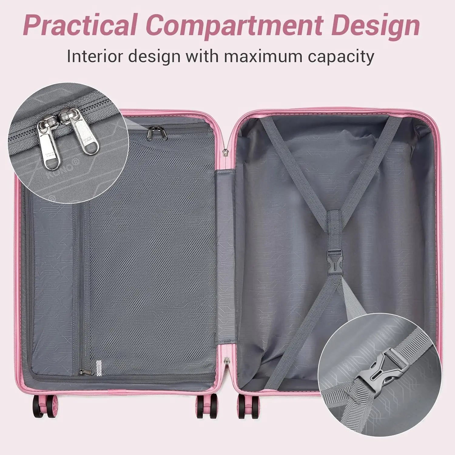 24 Inch Medium Hard Shell Checked Luggage with 4 Spinner Wheels, TSA Lock, Lightweight Polypropylene Suitcase in Pink