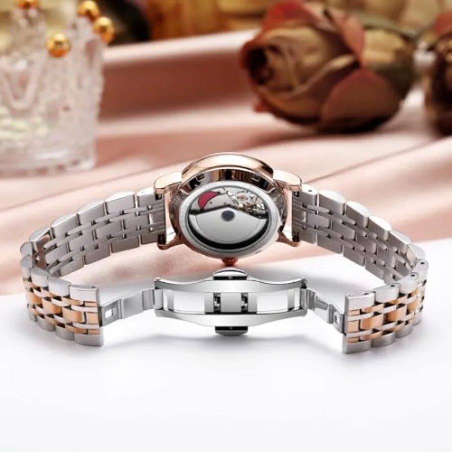 Womens Automatic Mechanical Stainless Steel Moonphase Watches Leather Strap Self-Winding Pearl Skeleton dial Waterproof Ladies