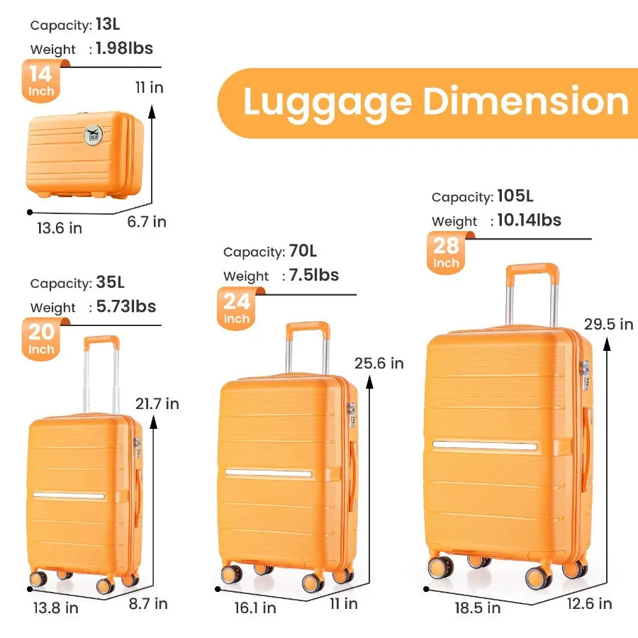Luggage Sets 4 Piece 14/20/24/28 PP Lightweight Durable Expandable Suitcase for Travel, Black, Scratch-Resistant Surface and Sm