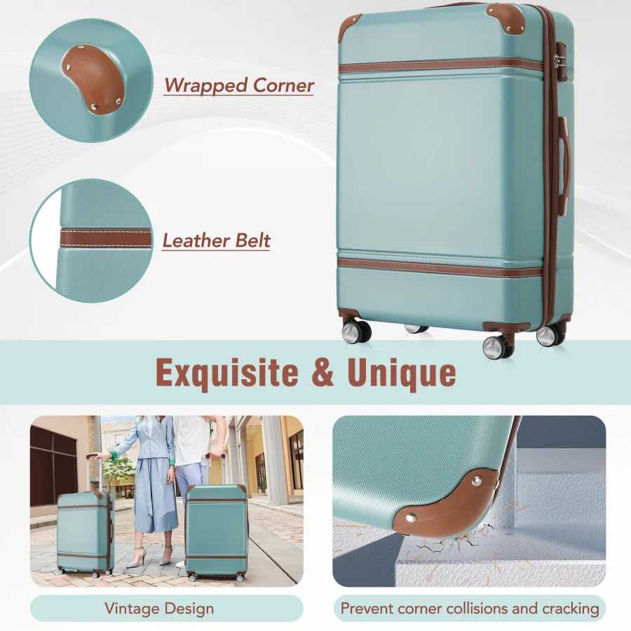 Hardshell luggage sets for travel: 3-piece green set with 20 and 28 spinner suitcases plus cosmetic case, featuring TSA lock an