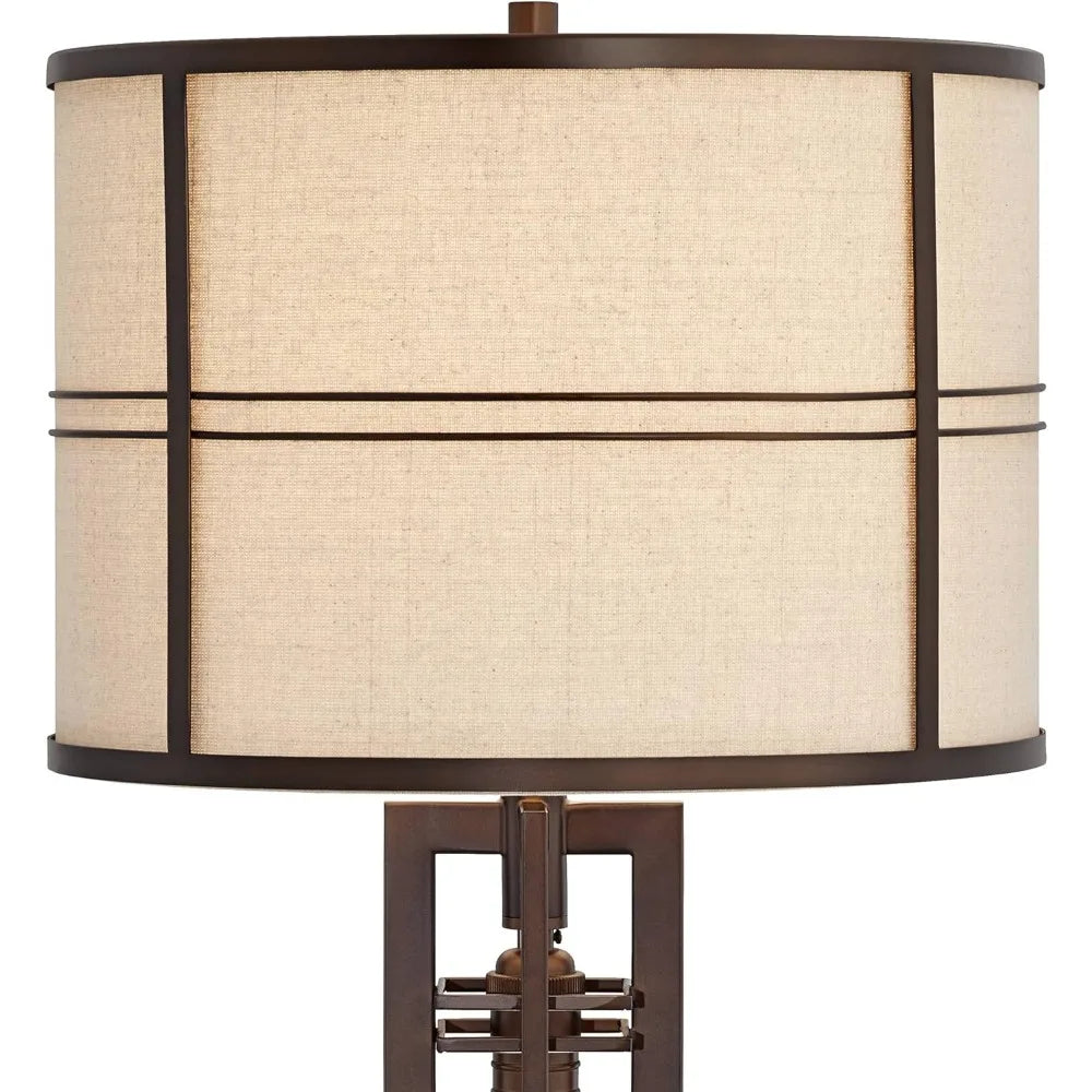 Elias Industrial Rustic Table Lamp with Port Nightlight 28" Tall Oil-Rubbed Bronze Metal Oatmeal Fabric Drum Shade Living Room
