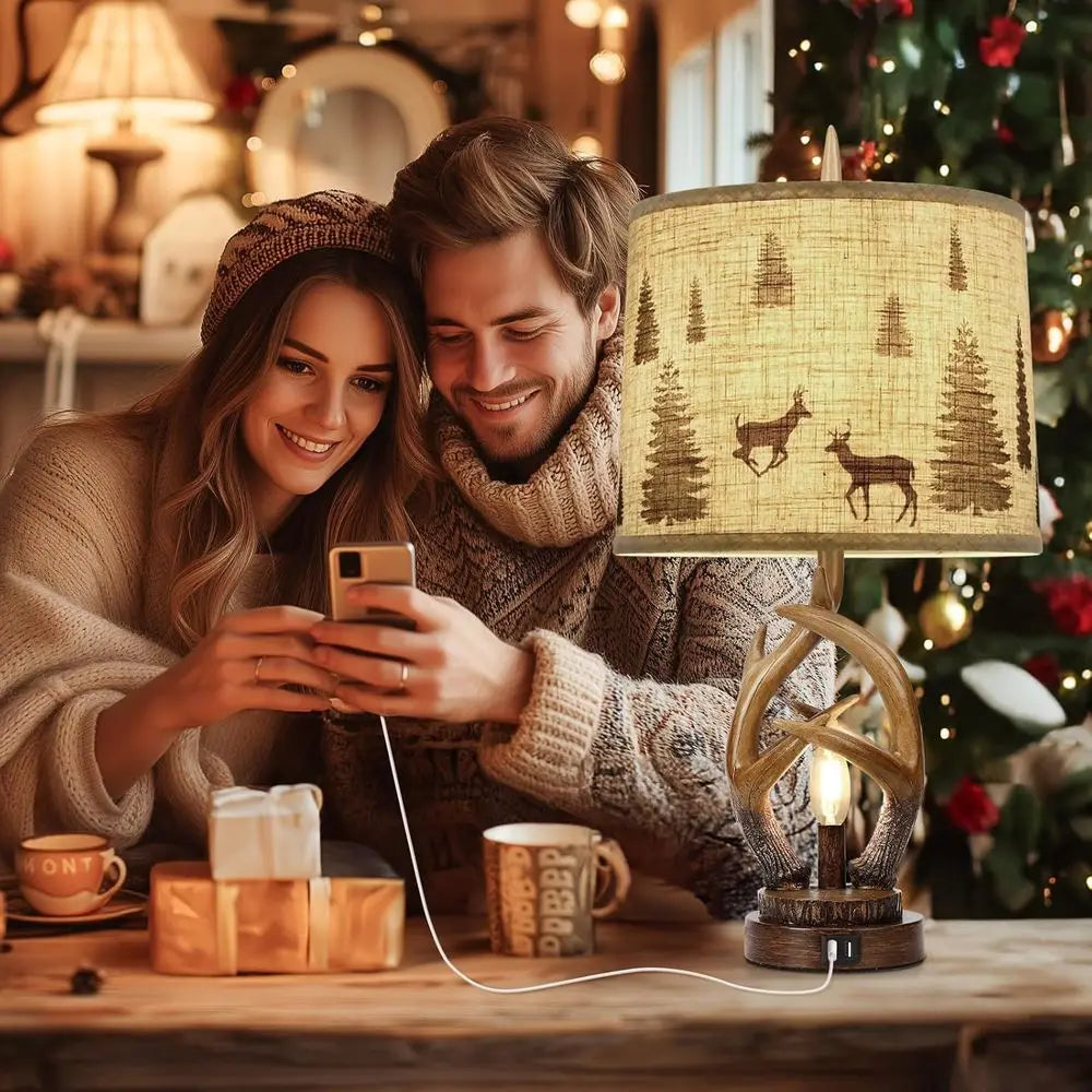 Rustic Antler Table Lamp Set of 2 with Nightlight, Dual USB Ports, Linen Fabric Shade, Suitable for Bedroom, Living Room, Office