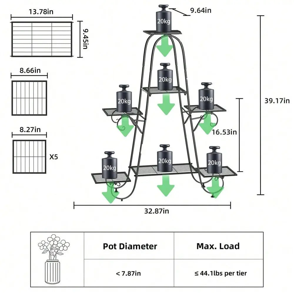 7 Pot Metal Plant Stand Garden Flower Shelves Outdoor Indoor Wrought Iron New