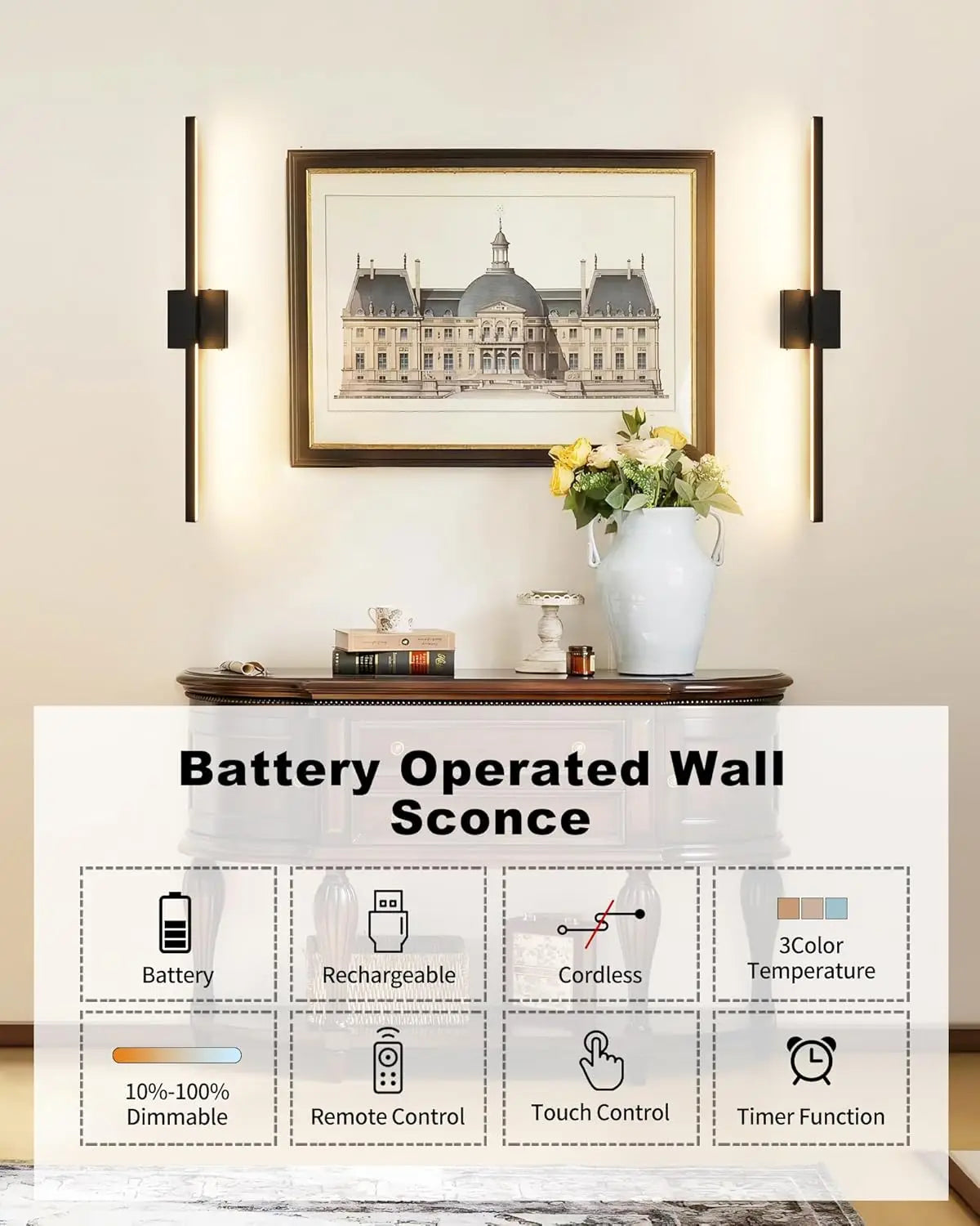 Wireless Rechargeable Wall Sconces Set of Two with Remote, Dimmable 3000K-6000K, Timer Function for Living Room, Bedroom