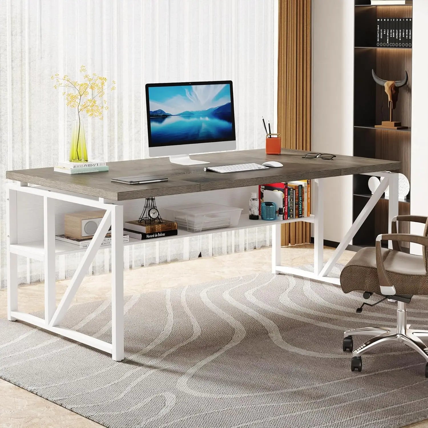 63" Computer Desk with Shelf, Home Office Writing Workstation, Dark Walnut Steel Frame, No Cabinet, Customized
