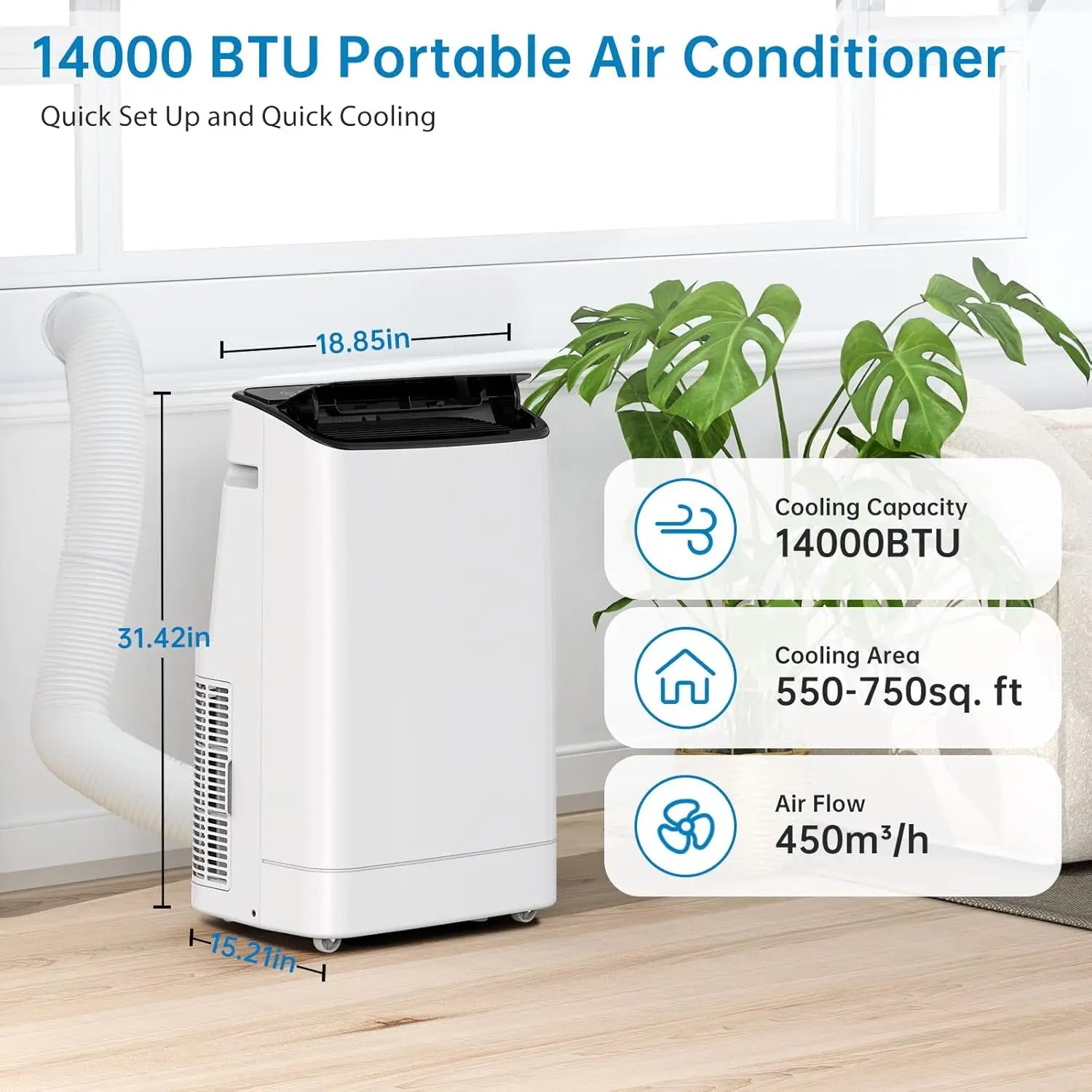 14000 BTU Portable Air Conditioner for 750 Sq Ft 3-In-1 AC Unit with Cooling/Dehumidifier/Fan Modes, Remote Control, 24H Timer &