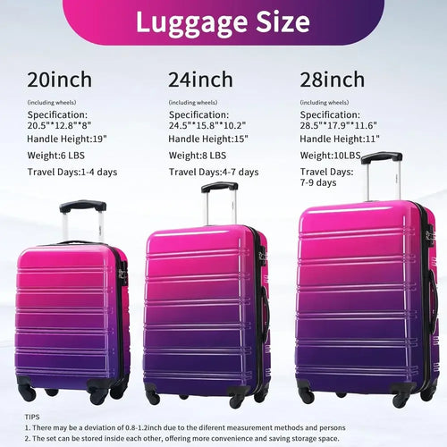 3-Piece Hardshell Luggage Set with Spinner Wheels, Expandable Gradient Color, TSA Lock, Lightweight 20 24 28, Purple and Pink