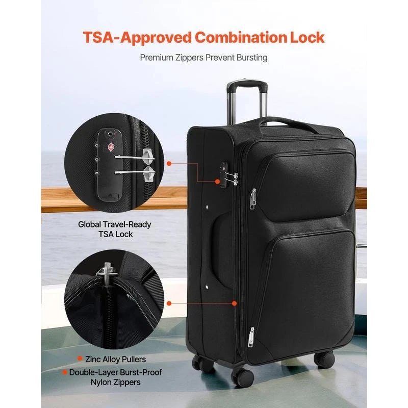 Softside Expandable Luggage with Spinner Wheels, 28-Inch Softside Checked Large Luggage, Lightweight Checked Suitcase with Expandable Zippered Pocket and TSA Lock, Black