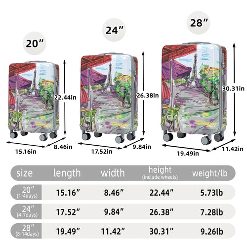 20/24/28 3 pcs/set in PC Spinner Wheel Luggage, Carry on Suitcase, With Printed pattern and Combination Lock (Coffee+Iron Tower)