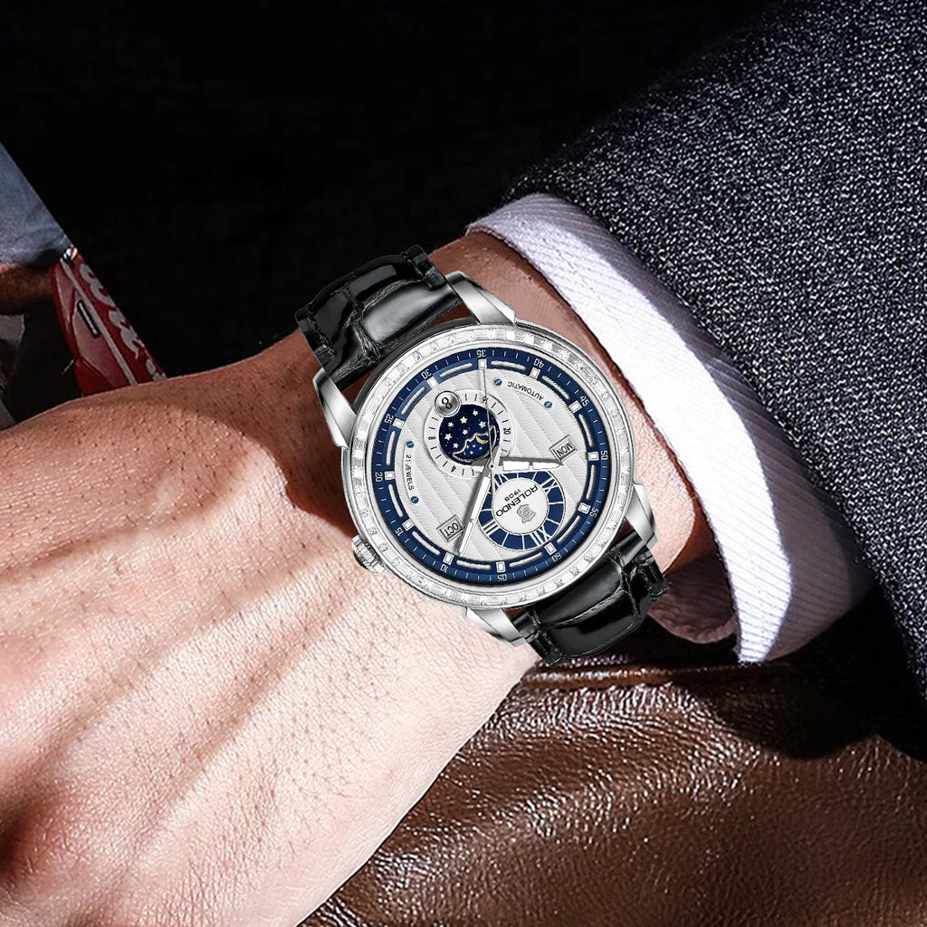 ROLENDO High-end Diamond-set Automatic Watch for Men 43mm Mineral Crystal Luminous Full Calendar Leather Strap 5ATM Luxury Gift