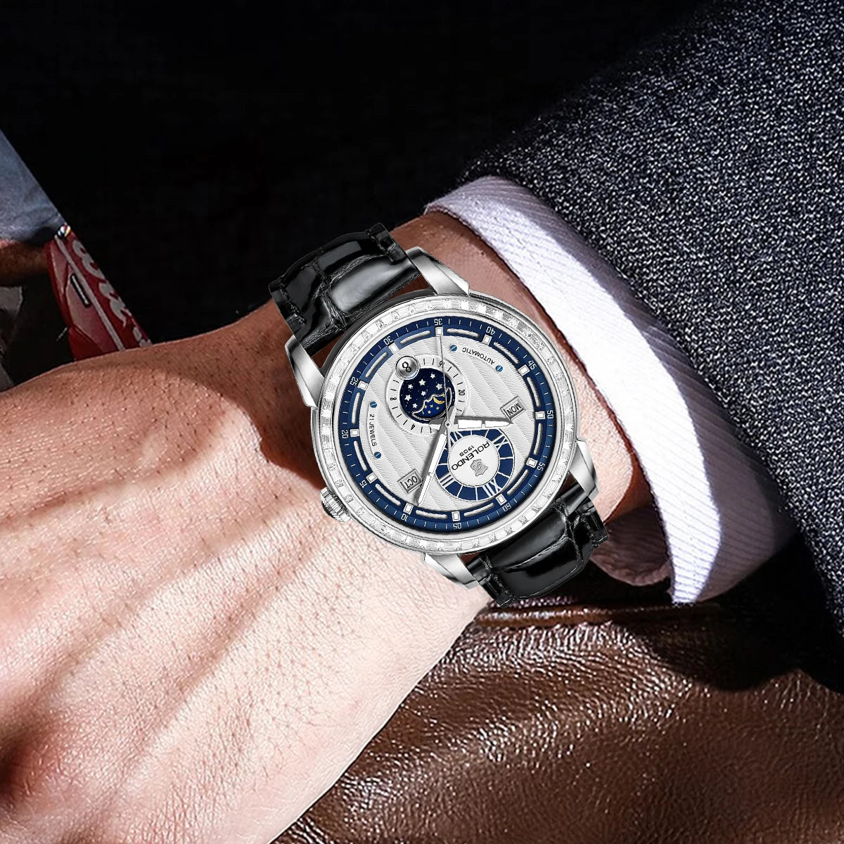 ROLENDO High-end Diamond-set Automatic Watch for Men 43mm Mineral Crystal Luminous Full Calendar Leather Strap 5ATM Luxury Gift
