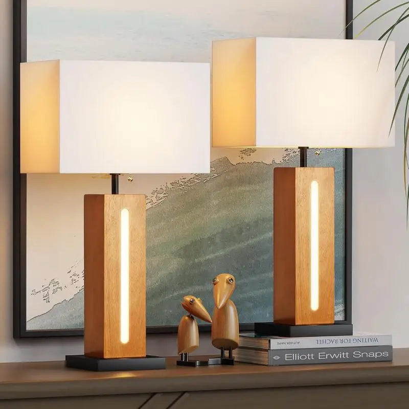 Set of 2 Modern Dimmable Bedside Lamps with LED Nightlight, Rustic Square Wood Grain Nightstand Lamps with Linen Shades for